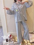 Romwe Smiley Print Striped Tee & Pants Pj Set
