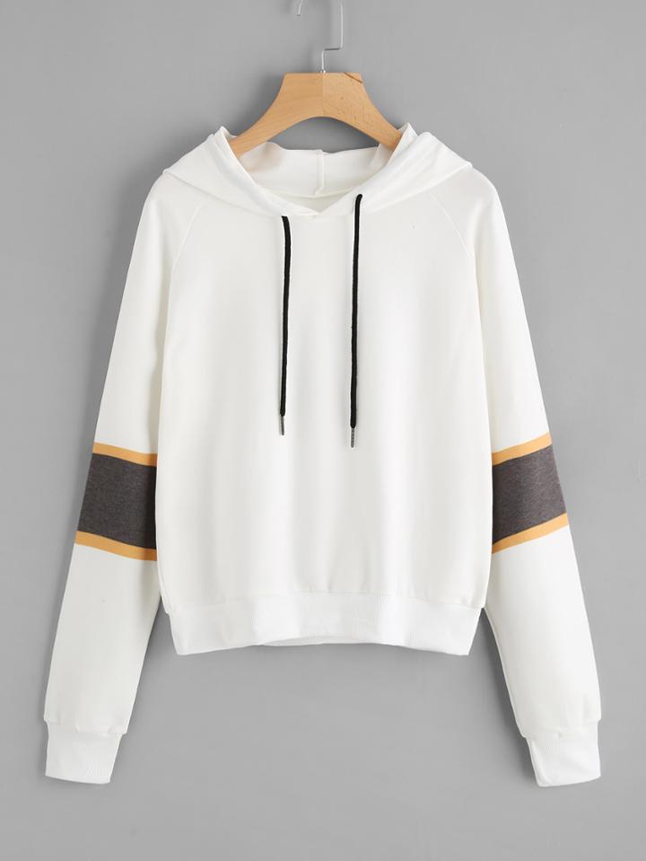 Romwe Contrast Striped Sleeve Hooded Sweatshirt
