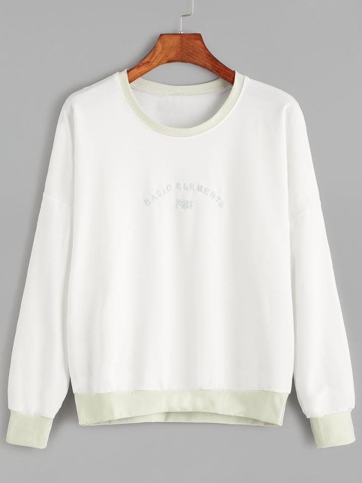 Romwe White Contrast Trim Letter Embroidered Sweatshirt