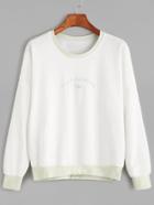 Romwe White Contrast Trim Letter Embroidered Sweatshirt