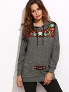 Romwe Grey Marled Knit Hoodie With Embroidered Patch Detail