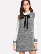Romwe Contrast Pleated Sleeve Frayed Hem Tweed Dress