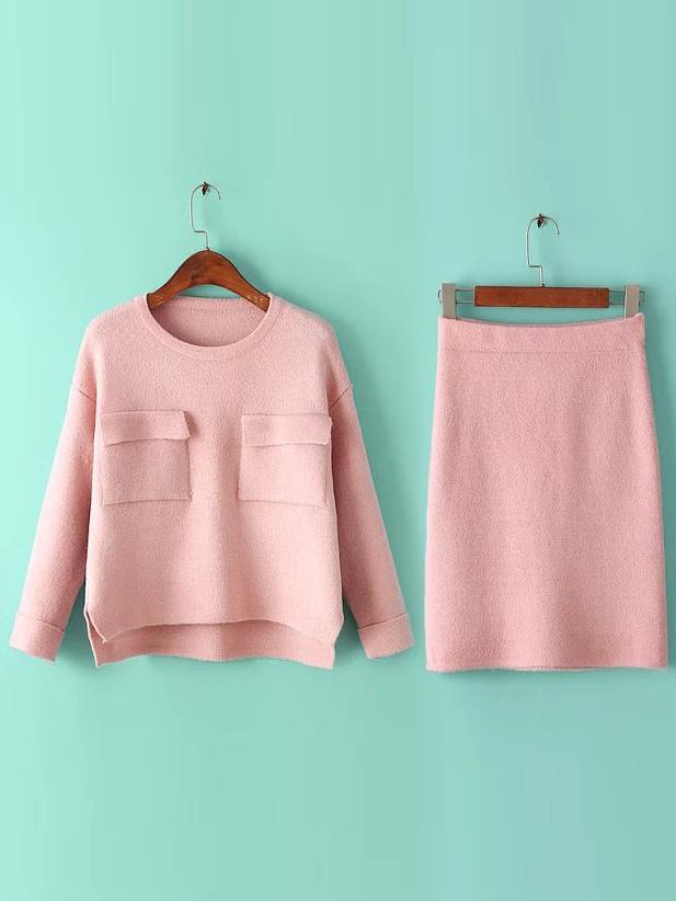 Romwe Dip Hem Split Pockets Top With Pink Skirt