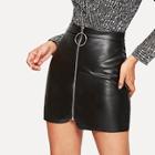 Romwe Zip Up Asymmetrical Hem Pu Skirt