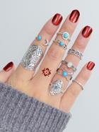 Romwe At-silver Vintage Totem Turquoise Ring 9-pieces Set