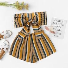 Romwe Striped Bow Tie Front Crop Top With Shorts