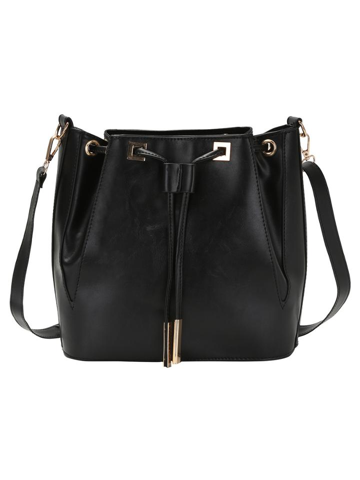 Romwe Black Drawstring Pu Bucket Bag