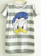 Romwe Grey White Striped Donald Duck Print T-shirt
