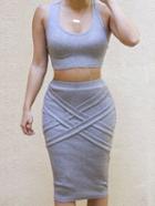 Romwe Scoop Neck Crop Top With Bodycon Grey Skirt