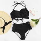 Romwe Plus Crisscross Wrap Ladder Cut Out Halter Bikini Set