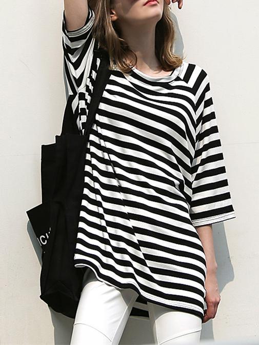 Romwe Raglan Sleeve Striped A-line T-shirt