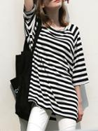 Romwe Raglan Sleeve Striped A-line T-shirt
