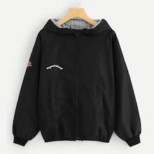 Romwe Letter Print Zip Up Hooded Jacket