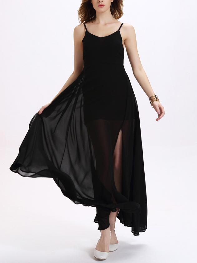 Romwe Side Slit Layered Chiffon Cami Dress