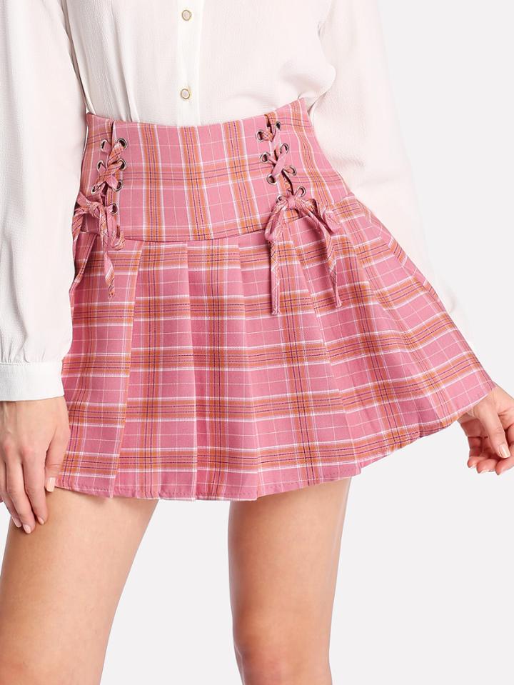 Romwe Eyelet Lace Up Pleated Skirt
