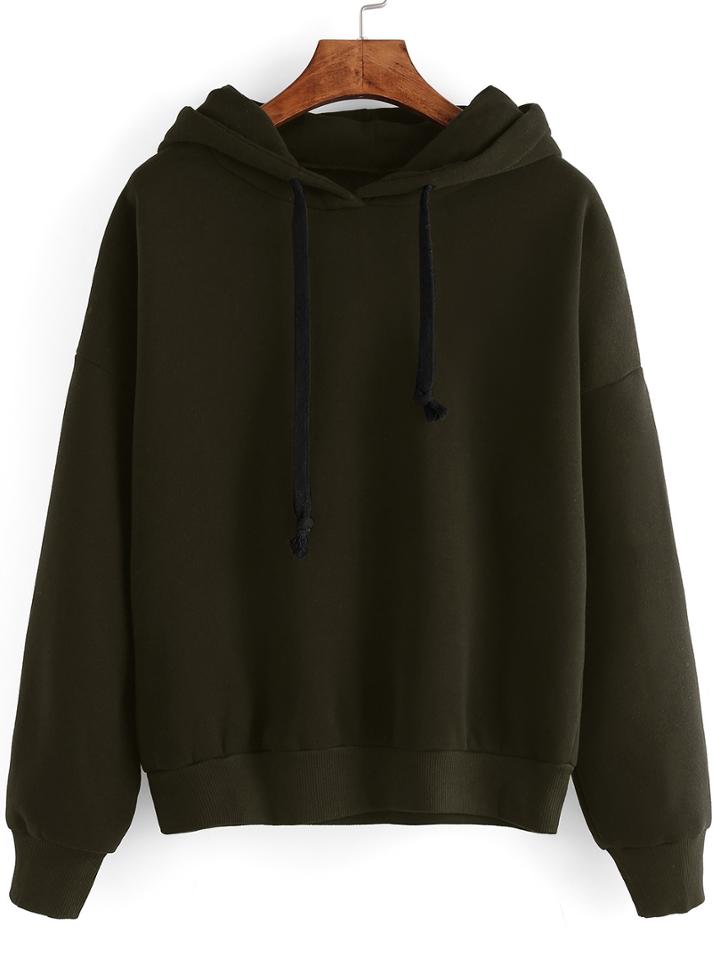 Romwe Army Green Drop Shoulder Hooded Sweatshirt