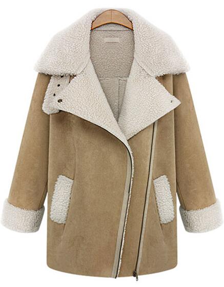 Romwe Pockets Lapel Fur Khaki Coat