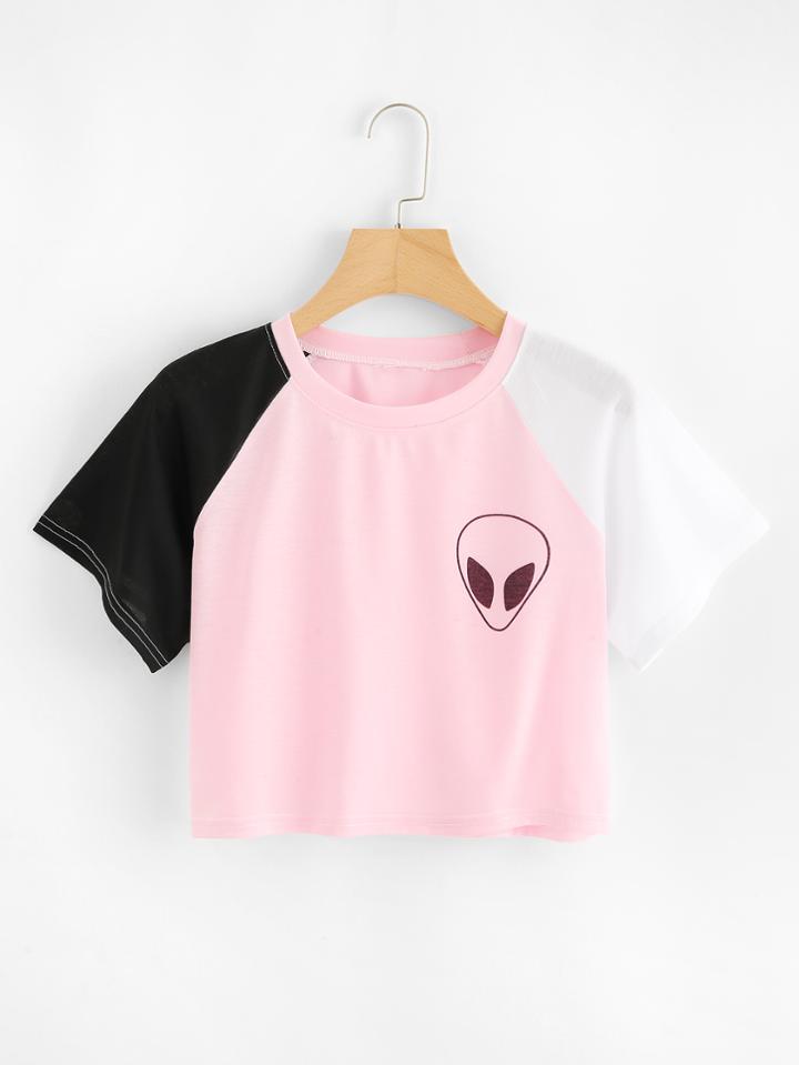 Romwe Contrast Sleeve Alien Print Crop Tee