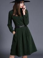 Romwe Dark Green Collar Long Sleeve Drawstring Pockets Dress