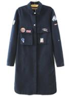 Romwe Label Pockets Navy Trench Coat