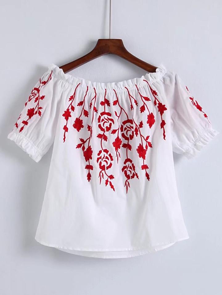Romwe Flower Embroidered Bardot Top