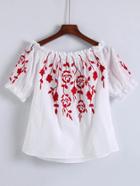 Romwe Flower Embroidered Bardot Top