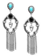 Romwe Silver Turquoise And Rhinestone Embellished Fringe Earrings