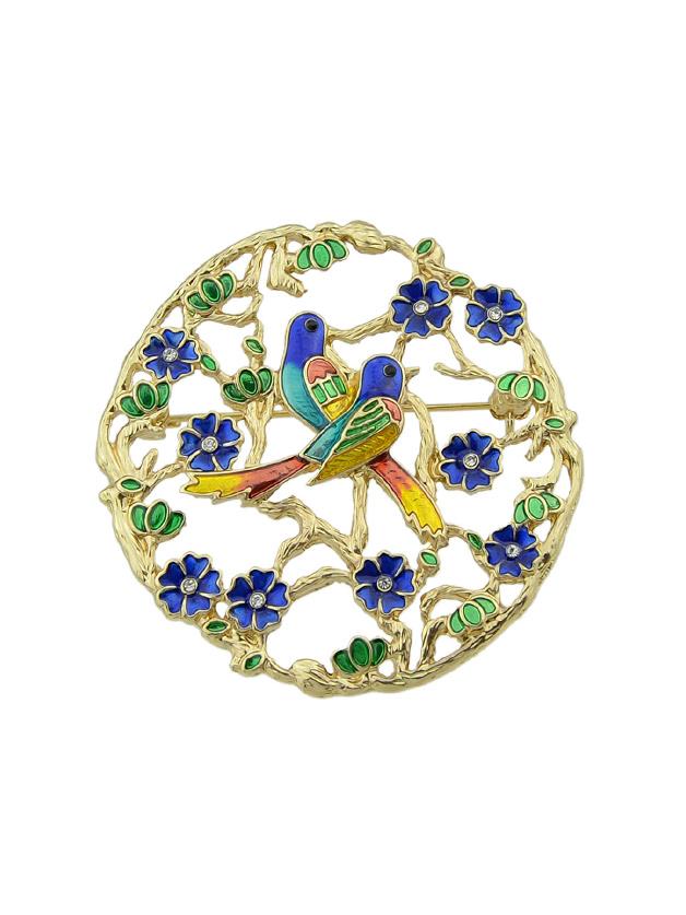 Romwe Enamel Branch Flower Bird Round Brooch