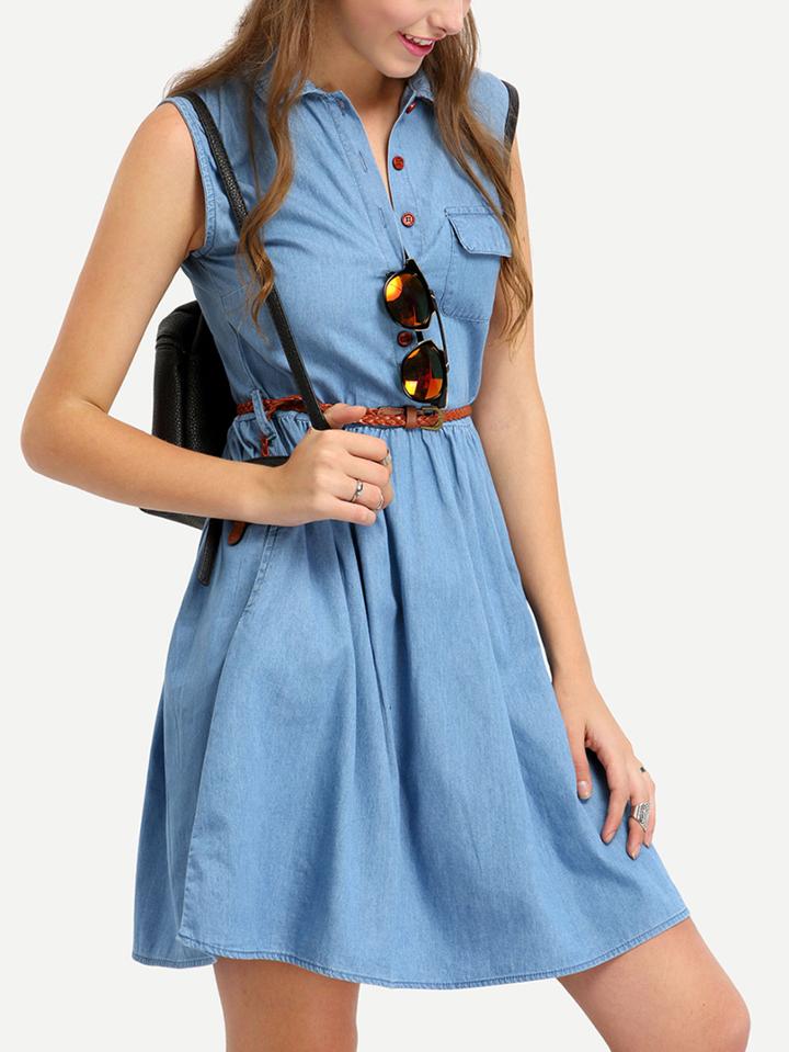 Romwe Sleeveless Denim Dress With Braided Belt