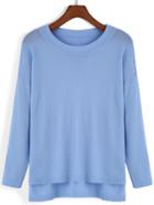 Romwe Round Neck Casual Dip Hem Blue Sweater