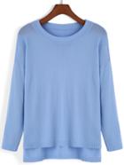 Romwe Round Neck Casual Dip Hem Blue Sweater