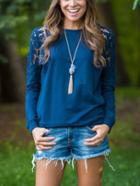 Romwe Blue Lace Embellished Shoulder Sweatshirt