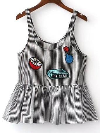 Romwe Black Vertical Striped Embroidery Ruffle Hem Tank Top