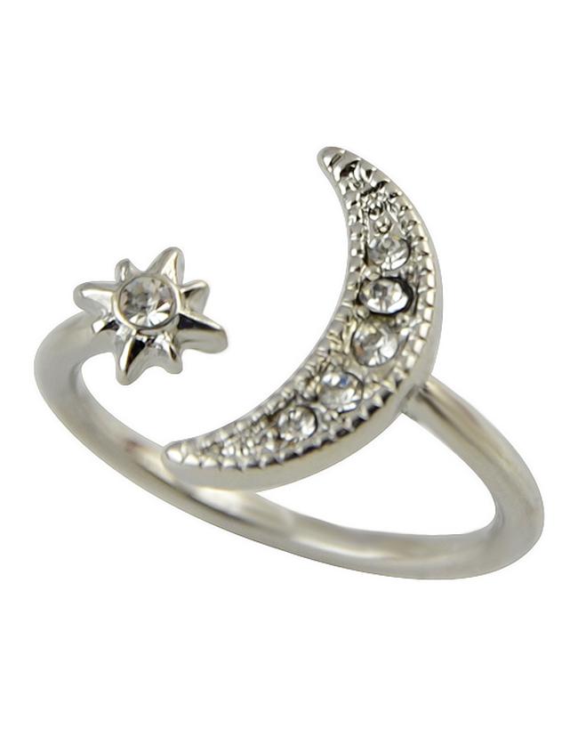 Romwe Silver Fashion Rhinestone Moon And Star Women Ring Cuff