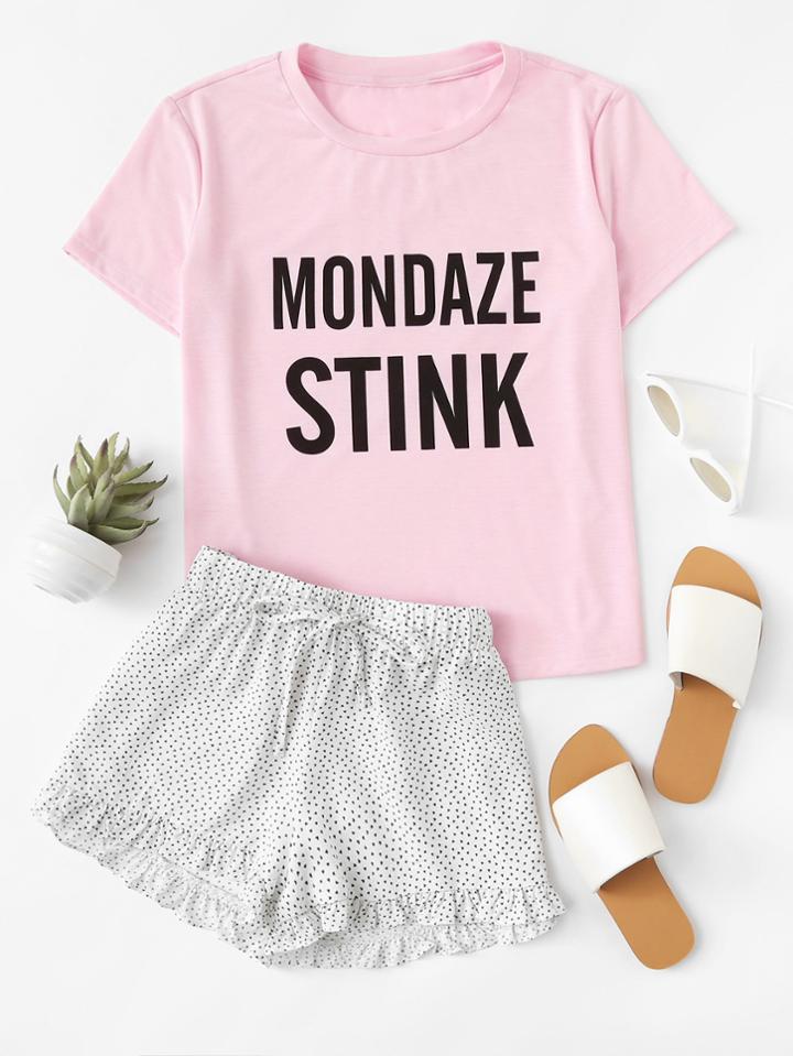 Romwe Letter Print Tee & Ruffle Hem Dot Shorts Pj Set