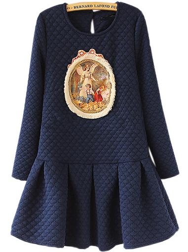 Romwe Diamond Pattern Vintage Blue Dress