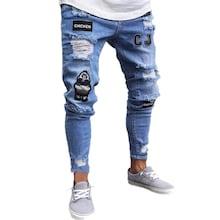 Romwe Guys Letter Pattern Ripped Jeans