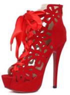 Romwe Red Platform Hollow Lace Up High Heeled Pumps