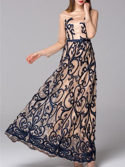 Romwe Apricot Round Neck Long Sleeve Embroidered Dress