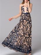 Romwe Apricot Round Neck Long Sleeve Embroidered Dress