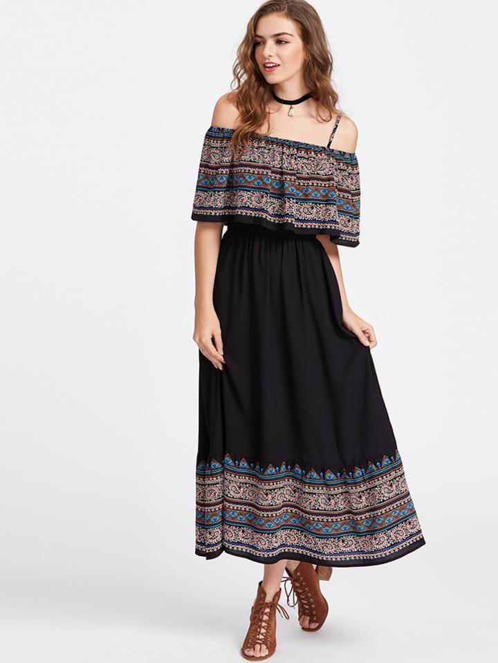 Romwe Paisley Print Flounce Cold Shoulder Dress