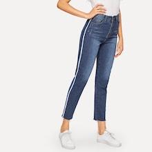 Romwe Striped Side Bleach Wash Jeans