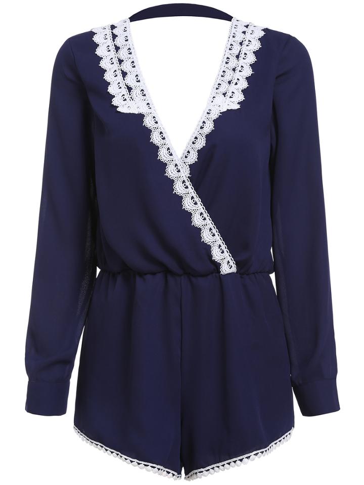 Romwe Deep V Neck Open Back Lace Insert Romper