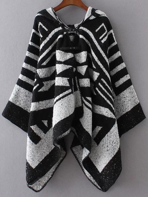 Romwe Black And White Color Block Hooded Poncho Sweater