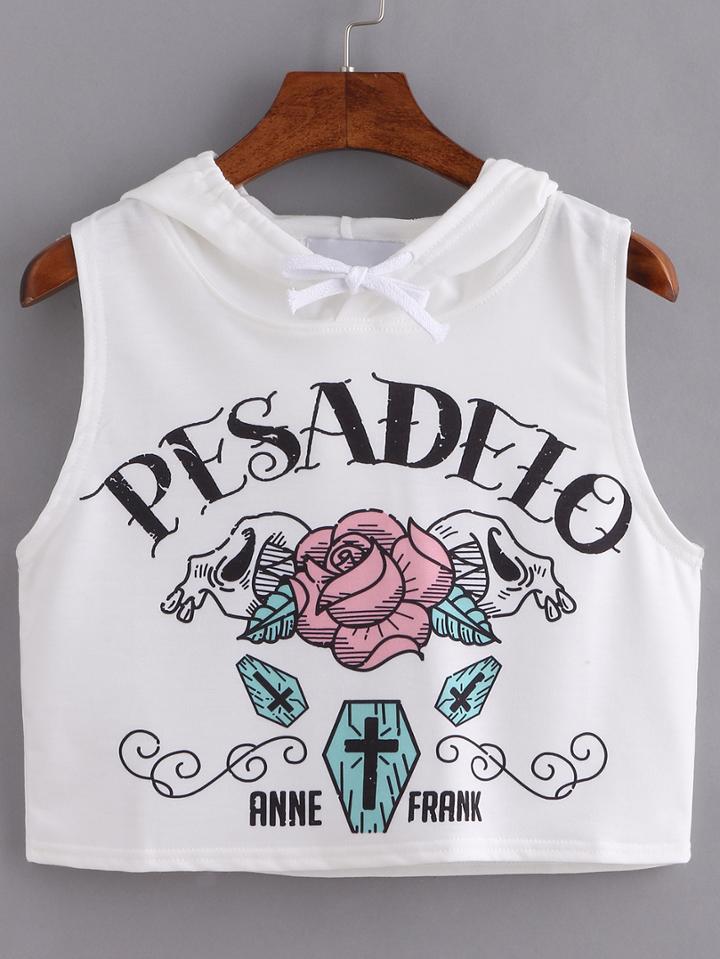 Romwe White Hooded Flower Print Tank Top