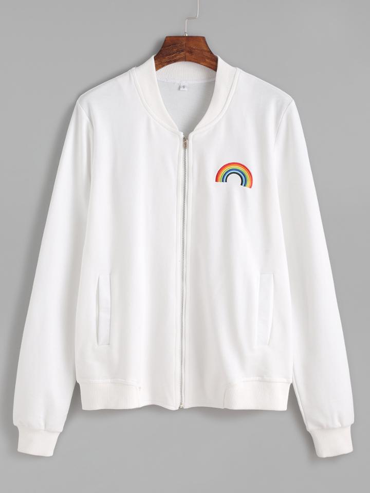 Romwe White Rainbow Embroidered Pockets Jacket
