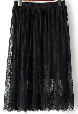 Romwe Black Elastic Waist Sheer Lace Skirt