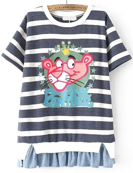 Romwe Contrast Hem Striped Lion Print Navy T-shirt