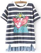 Romwe Contrast Hem Striped Lion Print Navy T-shirt