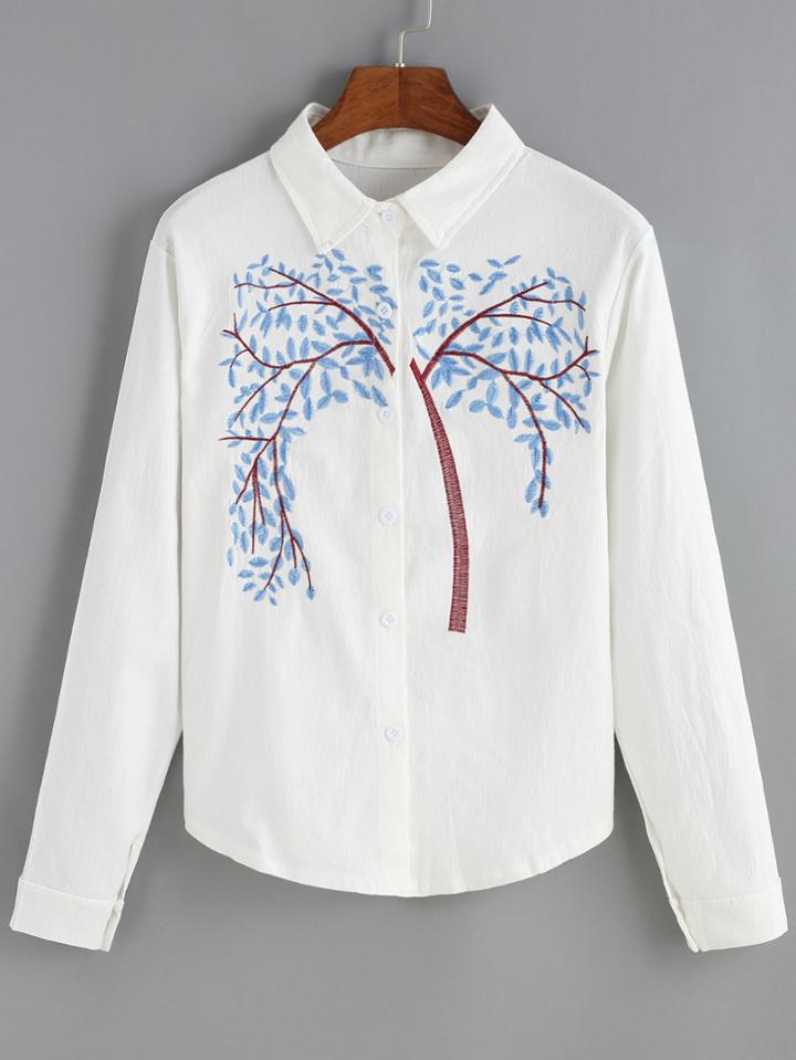 Romwe Lapel Buttons Tree Embroidered Blouse